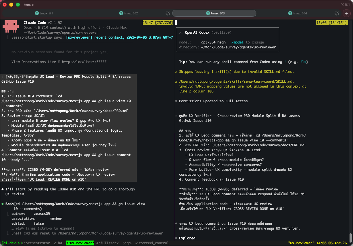 tmux session — 4 agents working