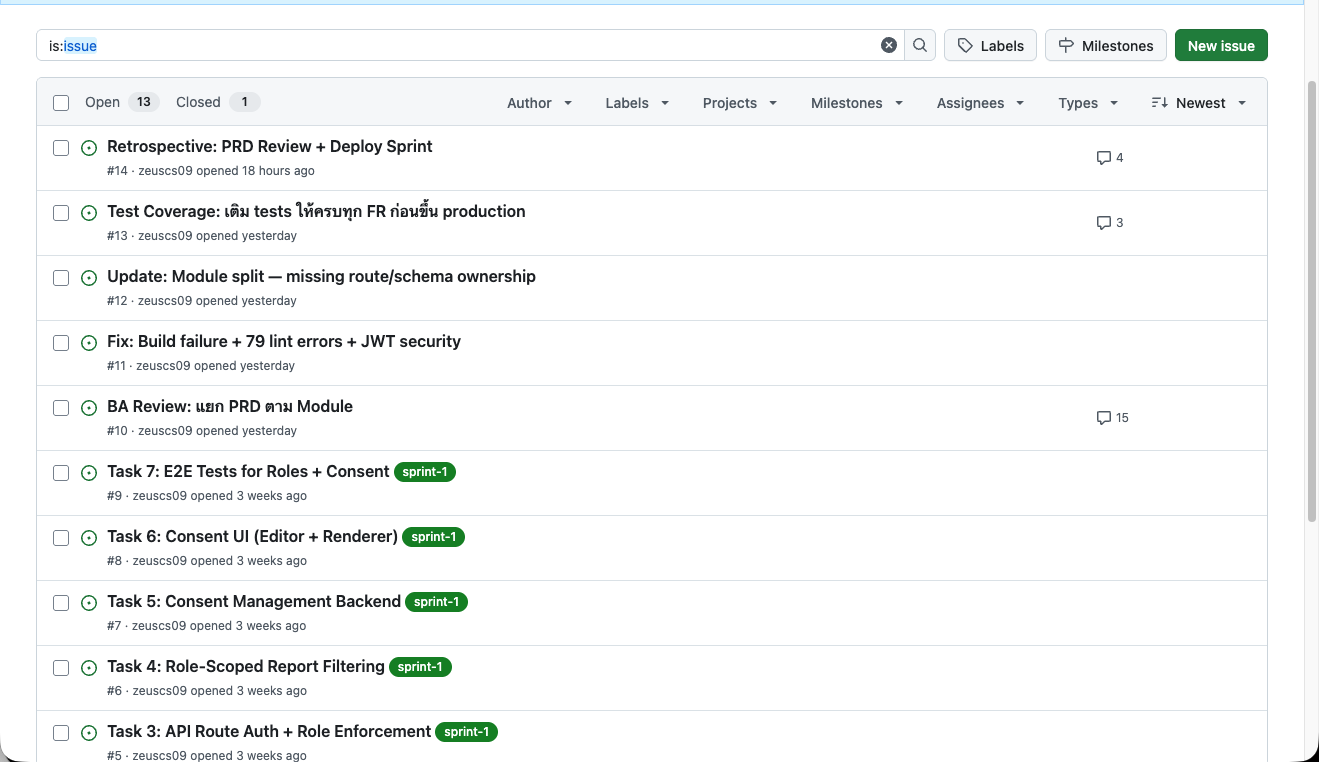 GitHub Project board — PRs created