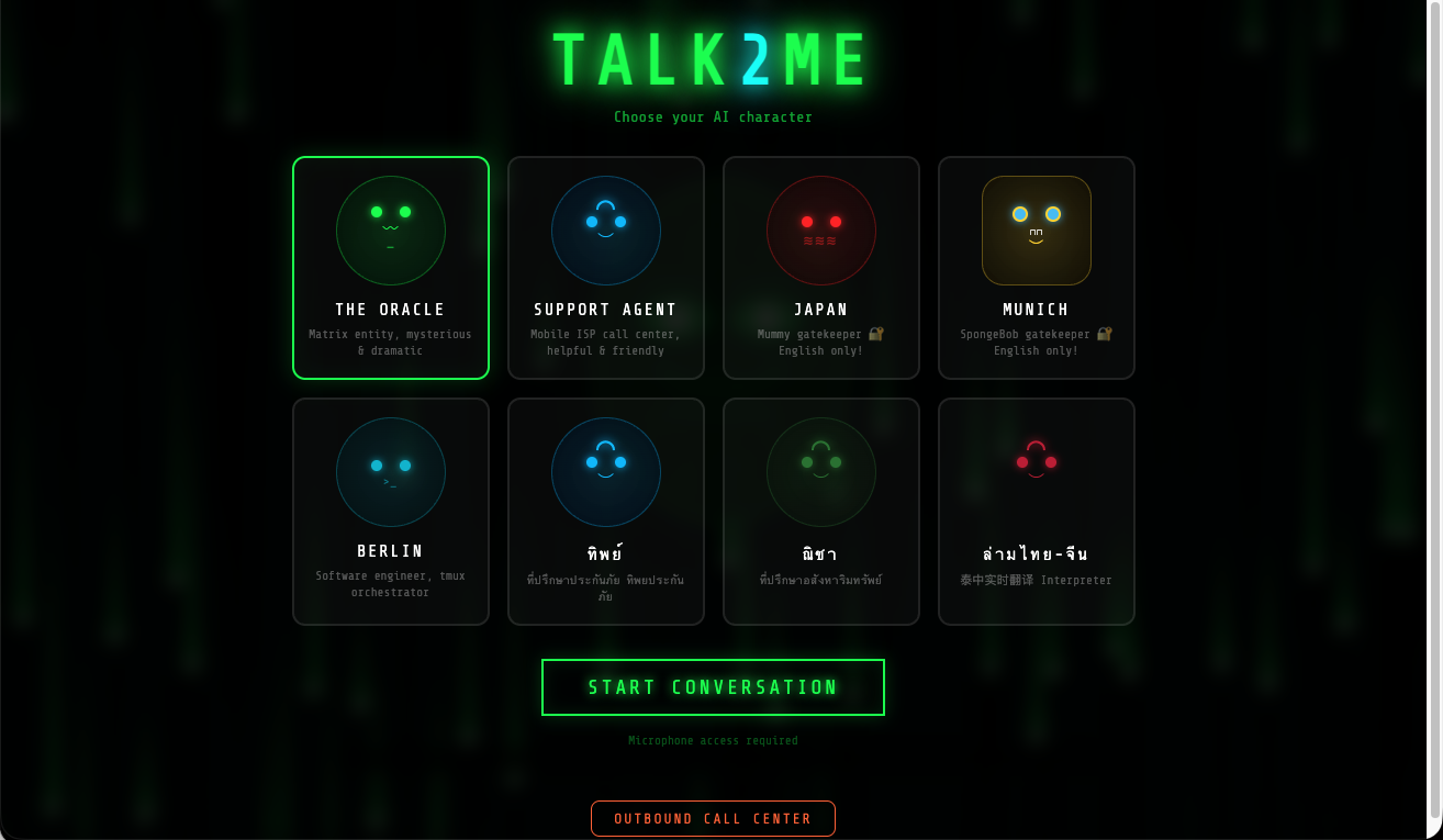 Talk2Me Character Selection Hub